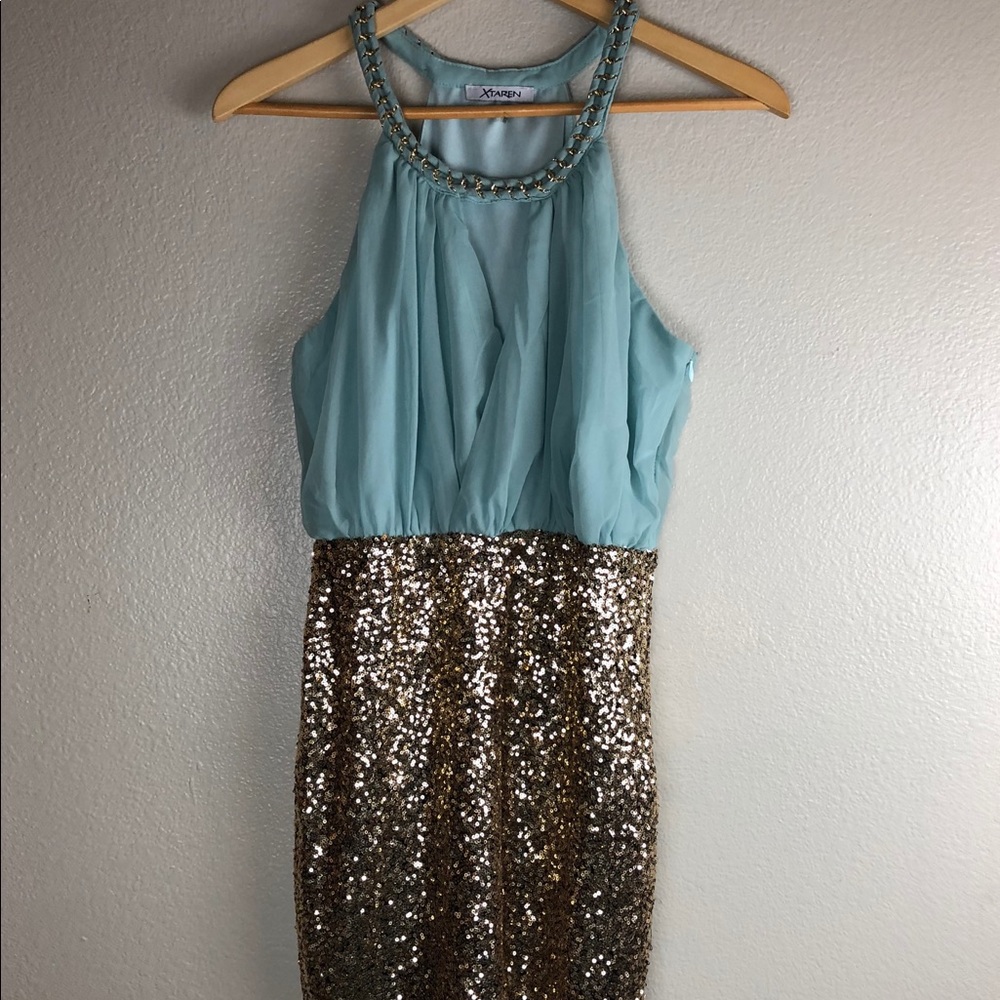 XTaren Teal & Gold Sequin Cocktail Dress L - Picture 1 of 8